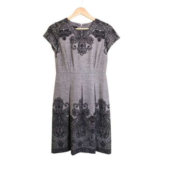 NWOT Talbots Wool Fit & Flare Paisley Print Pleated Cap Sleeve Dress Gray/Black - Picture 2 of 7